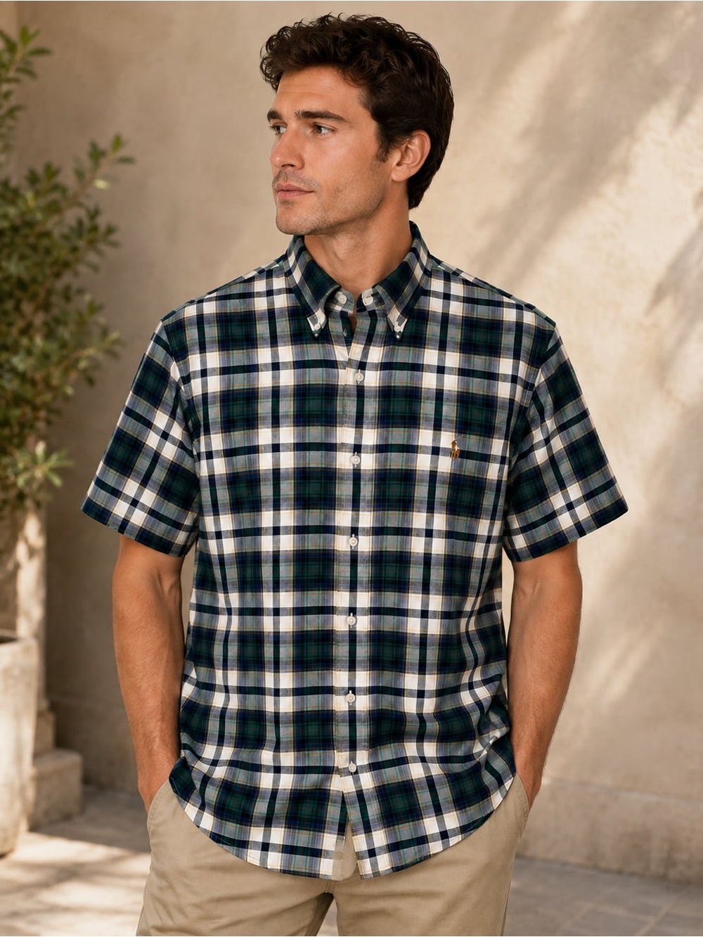 Polo by Ralph Lauren Navy, Green & White Plaid Short-Sleeve size XL/TG